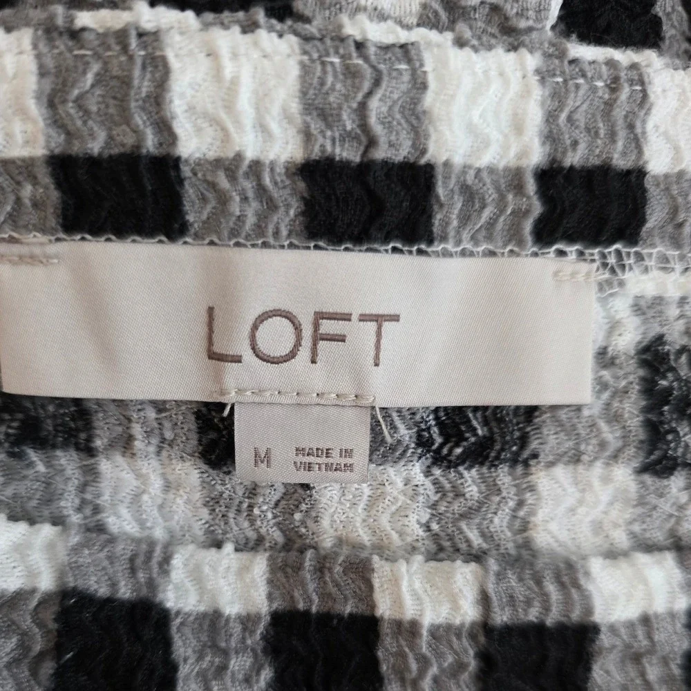 LOFT Top Women Black White Gingham Puff‎ Sleeve Seersucker Top Casual Everyday